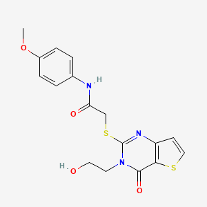 molecular formula C17H17N3O4S2 B2987143 2-((3-(2-hydroxyethyl)-4-oxo-3,4-dihydrothieno[3,2-d]pyrimidin-2-yl)thio)-N-(4-methoxyphenyl)acetamide CAS No. 1795412-88-2