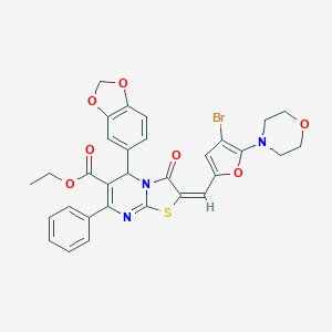 molecular formula C31H26BrN3O7S B298718 ethyl 5-(1,3-benzodioxol-5-yl)-2-{[4-bromo-5-(4-morpholinyl)-2-furyl]methylene}-3-oxo-7-phenyl-2,3-dihydro-5H-[1,3]thiazolo[3,2-a]pyrimidine-6-carboxylate 