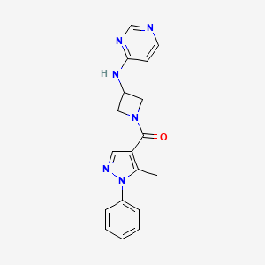 molecular formula C18H18N6O B2987181 N-[1-(5-甲基-1-苯基-1H-吡唑-4-羰基)氮杂环丁-3-基]嘧啶-4-胺 CAS No. 2097894-88-5