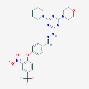 molecular formula C26H27F3N8O4 B298720 4-[2-Nitro-4-(trifluoromethyl)phenoxy]benzaldehyde [4-(4-morpholinyl)-6-(1-piperidinyl)-1,3,5-triazin-2-yl]hydrazone 