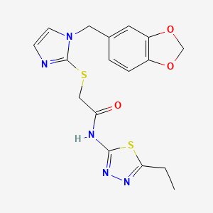 molecular formula C17H17N5O3S2 B2987240 2-[1-(1,3-benzodioxol-5-ylmethyl)imidazol-2-yl]sulfanyl-N-(5-ethyl-1,3,4-thiadiazol-2-yl)acetamide CAS No. 872590-25-5