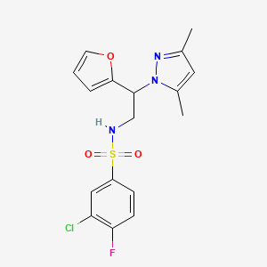 molecular formula C17H17ClFN3O3S B2987256 3-chloro-N-(2-(3,5-dimethyl-1H-pyrazol-1-yl)-2-(furan-2-yl)ethyl)-4-fluorobenzenesulfonamide CAS No. 2097903-93-8