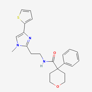 molecular formula C22H25N3O2S B2987315 N-(2-(1-methyl-4-(thiophen-2-yl)-1H-imidazol-2-yl)ethyl)-4-phenyltetrahydro-2H-pyran-4-carboxamide CAS No. 1396765-10-8
