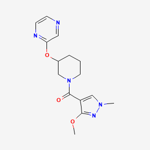 molecular formula C15H19N5O3 B2987329 (3-methoxy-1-methyl-1H-pyrazol-4-yl)(3-(pyrazin-2-yloxy)piperidin-1-yl)methanone CAS No. 2034473-83-9