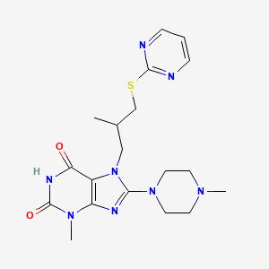 molecular formula C19H26N8O2S B2987331 3-methyl-7-(2-methyl-3-(pyrimidin-2-ylthio)propyl)-8-(4-methylpiperazin-1-yl)-1H-purine-2,6(3H,7H)-dione CAS No. 872627-86-6