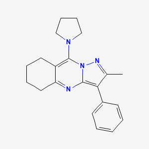 molecular formula C21H24N4 B2987386 2-Methyl-3-phenyl-9-(pyrrolidin-1-yl)-5,6,7,8-tetrahydropyrazolo[5,1-b]quinazoline CAS No. 896852-43-0