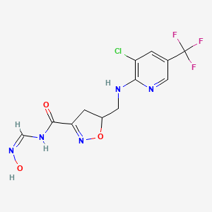 molecular formula C12H11ClF3N5O3 B2987404 5-({[3-chloro-5-(trifluoromethyl)pyridin-2-yl]amino}methyl)-N-[(1E)-(hydroxyamino)methylidene]-4,5-dihydro-1,2-oxazole-3-carboxamide CAS No. 338410-26-7