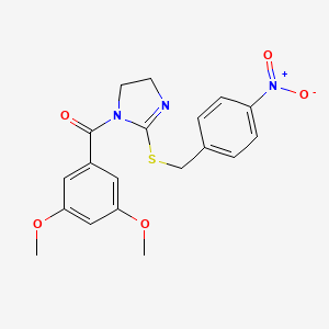 molecular formula C19H19N3O5S B2987408 (3,5-dimethoxyphenyl)(2-((4-nitrobenzyl)thio)-4,5-dihydro-1H-imidazol-1-yl)methanone CAS No. 851802-26-1
