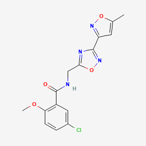 molecular formula C15H13ClN4O4 B2987456 5-chloro-2-methoxy-N-((3-(5-methylisoxazol-3-yl)-1,2,4-oxadiazol-5-yl)methyl)benzamide CAS No. 2034321-08-7
