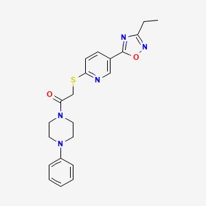molecular formula C21H23N5O2S B2987467 1-({[5-(3-Ethyl-1,2,4-oxadiazol-5-yl)pyridin-2-yl]thio}acetyl)-4-phenylpiperazine CAS No. 1251605-47-6