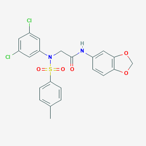 molecular formula C22H18Cl2N2O5S B298750 N-(1,3-benzodioxol-5-yl)-2-{3,5-dichloro[(4-methylphenyl)sulfonyl]anilino}acetamide 