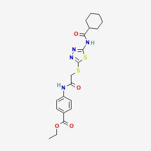 molecular formula C20H24N4O4S2 B2987511 Ethyl 4-[[2-[[5-(cyclohexanecarbonylamino)-1,3,4-thiadiazol-2-yl]sulfanyl]acetyl]amino]benzoate CAS No. 392293-07-1