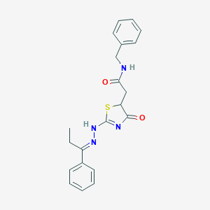 molecular formula C21H22N4O2S B298753 N-benzyl-2-[4-oxo-2-[(2E)-2-(1-phenylpropylidene)hydrazinyl]-1,3-thiazol-5-yl]acetamide 