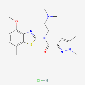 molecular formula C19H26ClN5O2S B2987539 N-(2-(二甲氨基)乙基)-N-(4-甲氧基-7-甲基苯并[d]噻唑-2-基)-1,5-二甲基-1H-吡唑-3-甲酰胺盐酸盐 CAS No. 1185155-95-6