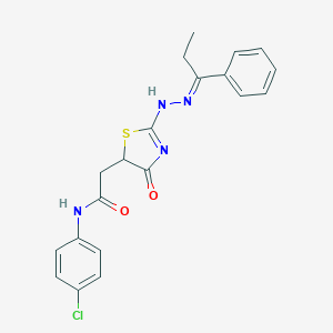 molecular formula C20H19ClN4O2S B298755 N-(4-chlorophenyl)-2-[4-oxo-2-[(2E)-2-(1-phenylpropylidene)hydrazinyl]-1,3-thiazol-5-yl]acetamide 
