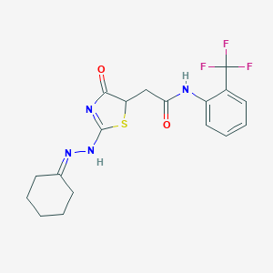 molecular formula C18H19F3N4O2S B298756 2-[2-(2-cyclohexylidenehydrazinyl)-4-oxo-1,3-thiazol-5-yl]-N-[2-(trifluoromethyl)phenyl]acetamide 