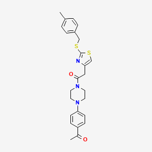 molecular formula C25H27N3O2S2 B2987573 1-(4-(4-Acetylphenyl)piperazin-1-yl)-2-(2-((4-methylbenzyl)thio)thiazol-4-yl)ethanone CAS No. 941947-85-9