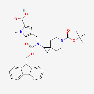 molecular formula C34H39N3O6 B2987584 4-[[9H-Fluoren-9-ylmethoxycarbonyl-[6-[(2-methylpropan-2-yl)oxycarbonyl]-6-azaspiro[2.5]octan-2-yl]amino]methyl]-1-methylpyrrole-2-carboxylic acid CAS No. 2137590-73-7