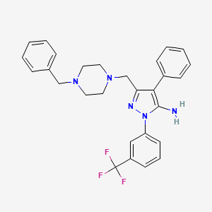 molecular formula C28H28F3N5 B2987600 5-[(4-苄基哌嗪-1-基)甲基]-4-苯基-2-[3-(三氟甲基)苯基]吡唑-3-胺 CAS No. 956910-31-9