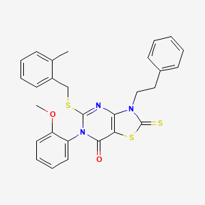 molecular formula C28H25N3O2S3 B2987641 6-(2-methoxyphenyl)-5-((2-methylbenzyl)thio)-3-phenethyl-2-thioxo-2,3-dihydrothiazolo[4,5-d]pyrimidin-7(6H)-one CAS No. 422306-75-0