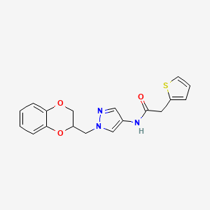 molecular formula C18H17N3O3S B2987710 N-(1-((2,3-dihydrobenzo[b][1,4]dioxin-2-yl)methyl)-1H-pyrazol-4-yl)-2-(thiophen-2-yl)acetamide CAS No. 1797985-51-3