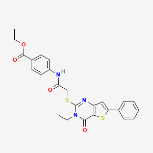 molecular formula C25H23N3O4S2 B2987751 Ethyl 4-(2-((3-ethyl-4-oxo-6-phenyl-3,4-dihydrothieno[3,2-d]pyrimidin-2-yl)thio)acetamido)benzoate CAS No. 1189933-34-3