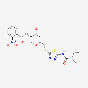 molecular formula C21H20N4O7S2 B2987827 6-(((5-(2-ethylbutanamido)-1,3,4-thiadiazol-2-yl)thio)methyl)-4-oxo-4H-pyran-3-yl 2-nitrobenzoate CAS No. 877652-12-5