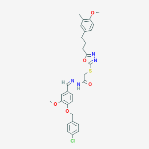 N'-{4-[(4-chlorobenzyl)oxy]-3-methoxybenzylidene}-2-({5-[3-(4-methoxy-3-methylphenyl)propyl]-1,3,4-oxadiazol-2-yl}sulfanyl)acetohydrazide