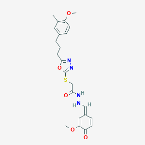 molecular formula C23H26N4O5S B298792 2-[[5-[3-(4-methoxy-3-methylphenyl)propyl]-1,3,4-oxadiazol-2-yl]sulfanyl]-N'-[(Z)-(3-methoxy-4-oxocyclohexa-2,5-dien-1-ylidene)methyl]acetohydrazide 