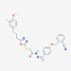 molecular formula C30H29N5O4S B298793 N'-{4-[(2-cyanobenzyl)oxy]benzylidene}-2-({5-[3-(4-methoxy-3-methylphenyl)propyl]-1,3,4-oxadiazol-2-yl}sulfanyl)acetohydrazide 