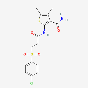 molecular formula C16H17ClN2O4S2 B2987945 2-[3-(4-氯苯基)磺酰基丙酰氨基]-4,5-二甲基噻吩-3-甲酰胺 CAS No. 896292-04-9