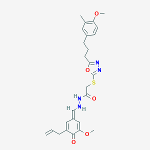 molecular formula C26H30N4O5S B298795 2-[[5-[3-(4-methoxy-3-methylphenyl)propyl]-1,3,4-oxadiazol-2-yl]sulfanyl]-N'-[(Z)-(3-methoxy-4-oxo-5-prop-2-enylcyclohexa-2,5-dien-1-ylidene)methyl]acetohydrazide 