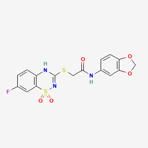 molecular formula C16H12FN3O5S2 B2988003 N-(苯并[d][1,3]二氧杂-5-基)-2-((7-氟-1,1-二氧化-4H-苯并[e][1,2,4]噻二嗪-3-基)硫代)乙酰胺 CAS No. 886955-14-2