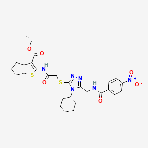 ethyl 2-[[2-[[4-cyclohexyl-5-[[(4-nitrobenzoyl)amino]methyl]-1,2,4-triazol-3-yl]sulfanyl]acetyl]amino]-5,6-dihydro-4H-cyclopenta[b]thiophene-3-carboxylate