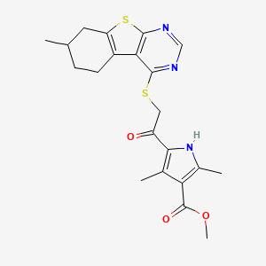 molecular formula C21H23N3O3S2 B2988015 methyl 2,4-dimethyl-5-[2-[(7-methyl-5,6,7,8-tetrahydro-[1]benzothiolo[2,3-d]pyrimidin-4-yl)sulfanyl]acetyl]-1H-pyrrole-3-carboxylate CAS No. 496027-96-4