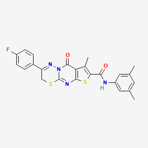 molecular formula C24H19FN4O2S2 B2988034 N-(3,5-dimethylphenyl)-12-(4-fluorophenyl)-4-methyl-2-oxo-6,10-dithia-1,8,13-triazatricyclo[7.4.0.03,7]trideca-3(7),4,8,12-tetraene-5-carboxamide CAS No. 866589-39-1