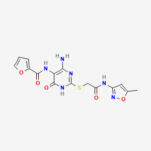 molecular formula C15H14N6O5S B2988061 N-(4-amino-2-((2-((5-methylisoxazol-3-yl)amino)-2-oxoethyl)thio)-6-oxo-1,6-dihydropyrimidin-5-yl)furan-2-carboxamide CAS No. 868226-53-3
