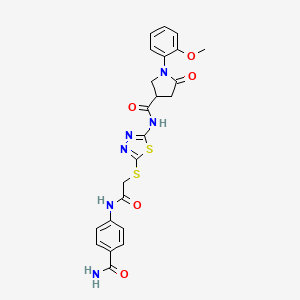 molecular formula C23H22N6O5S2 B2988085 N-(5-((2-((4-氨基甲酰苯基)氨基)-2-氧代乙基)硫代)-1,3,4-噻二唑-2-基)-1-(2-甲氧基苯基)-5-氧代吡咯烷-3-甲酰胺 CAS No. 897758-56-4