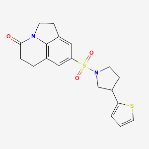 molecular formula C19H20N2O3S2 B2988092 8-((3-(thiophen-2-yl)pyrrolidin-1-yl)sulfonyl)-1,2,5,6-tetrahydro-4H-pyrrolo[3,2,1-ij]quinolin-4-one CAS No. 2188279-26-5