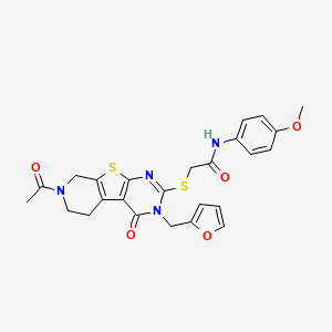 molecular formula C25H24N4O5S2 B2988102 2-((7-acetyl-3-(furan-2-ylmethyl)-4-oxo-3,4,5,6,7,8-hexahydropyrido[4',3':4,5]thieno[2,3-d]pyrimidin-2-yl)thio)-N-(4-methoxyphenyl)acetamide CAS No. 1215387-46-4