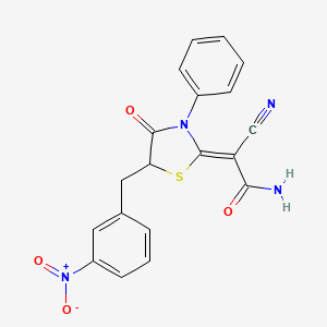 molecular formula C19H14N4O4S B2988117 (Z)-2-cyano-2-(5-(3-nitrobenzyl)-4-oxo-3-phenylthiazolidin-2-ylidene)acetamide CAS No. 797798-48-2