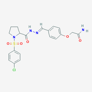 molecular formula C20H21ClN4O5S B298812 2-{4-[2-({1-[(4-Chlorophenyl)sulfonyl]-2-pyrrolidinyl}carbonyl)carbohydrazonoyl]phenoxy}acetamide 