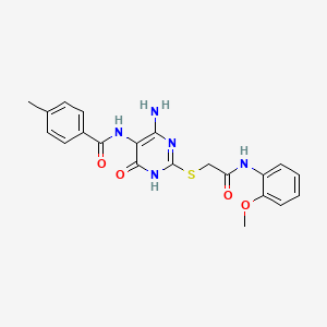 molecular formula C21H21N5O4S B2988125 N-(4-amino-2-((2-((2-methoxyphenyl)amino)-2-oxoethyl)thio)-6-oxo-1,6-dihydropyrimidin-5-yl)-4-methylbenzamide CAS No. 872597-52-9
