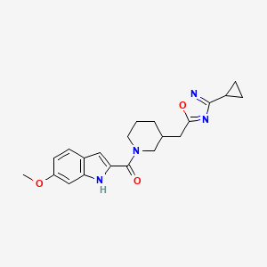 molecular formula C21H24N4O3 B2988133 (3-((3-cyclopropyl-1,2,4-oxadiazol-5-yl)methyl)piperidin-1-yl)(6-methoxy-1H-indol-2-yl)methanone CAS No. 1705938-71-1