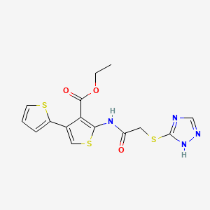 molecular formula C15H14N4O3S3 B2988143 2-[[1-oxo-2-(1H-1,2,4-triazol-5-ylthio)ethyl]amino]-4-thiophen-2-yl-3-thiophenecarboxylic acid ethyl ester CAS No. 690646-90-3