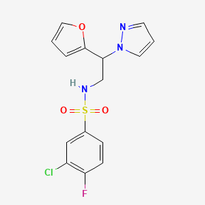 molecular formula C15H13ClFN3O3S B2988161 3-chloro-4-fluoro-N-(2-(furan-2-yl)-2-(1H-pyrazol-1-yl)ethyl)benzenesulfonamide CAS No. 2034593-78-5