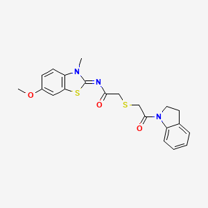 molecular formula C21H21N3O3S2 B2988209 (Z)-2-((2-(indolin-1-yl)-2-oxoethyl)thio)-N-(6-methoxy-3-methylbenzo[d]thiazol-2(3H)-ylidene)acetamide CAS No. 851716-83-1