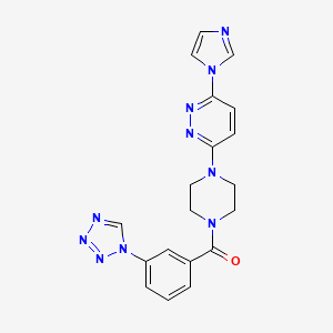 molecular formula C19H18N10O B2988221 (4-(6-(1H-imidazol-1-yl)pyridazin-3-yl)piperazin-1-yl)(3-(1H-tetrazol-1-yl)phenyl)methanone CAS No. 1351614-12-4