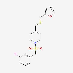 molecular formula C18H22FNO3S2 B2988240 1-((3-Fluorobenzyl)sulfonyl)-4-(((furan-2-ylmethyl)thio)methyl)piperidine CAS No. 1396859-68-9