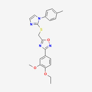 molecular formula C22H22N4O3S B2988265 3-(4-ethoxy-3-methoxyphenyl)-5-(((1-(p-tolyl)-1H-imidazol-2-yl)thio)methyl)-1,2,4-oxadiazole CAS No. 1112002-93-3
